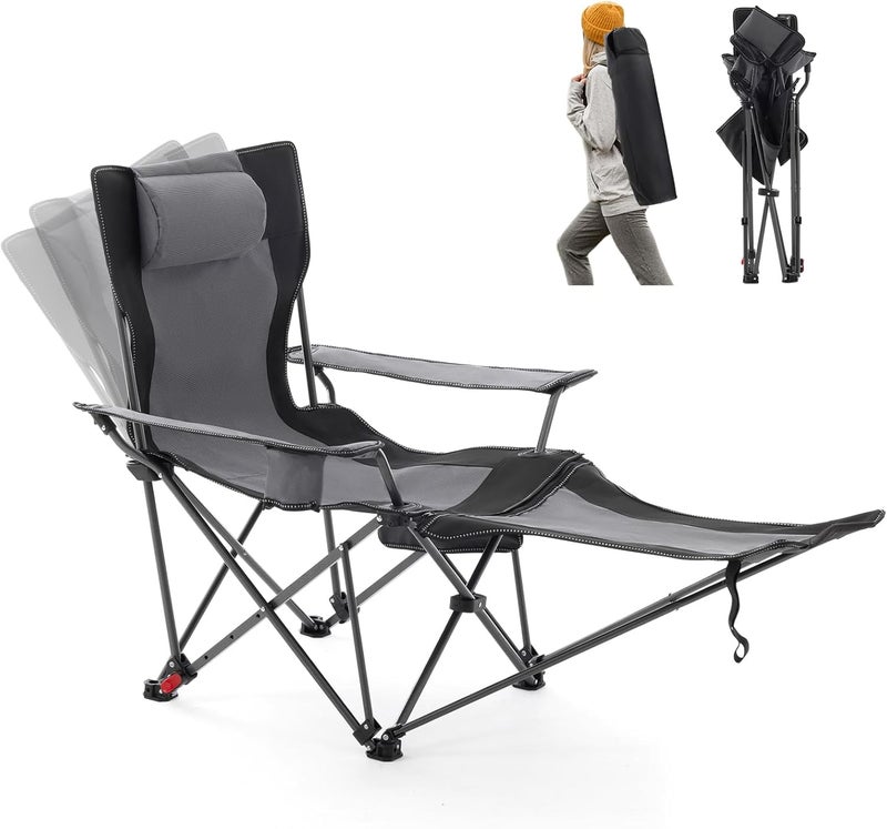 Reclining Camping Chair with Foot Rest, Folding Lounge Chair for Adults,Outdoor Chair Support 300 lbs with Adjustable Backrest ⋓ Holder Portable Recliner Beach Chair for Lawn Outside,Gray - Image 1